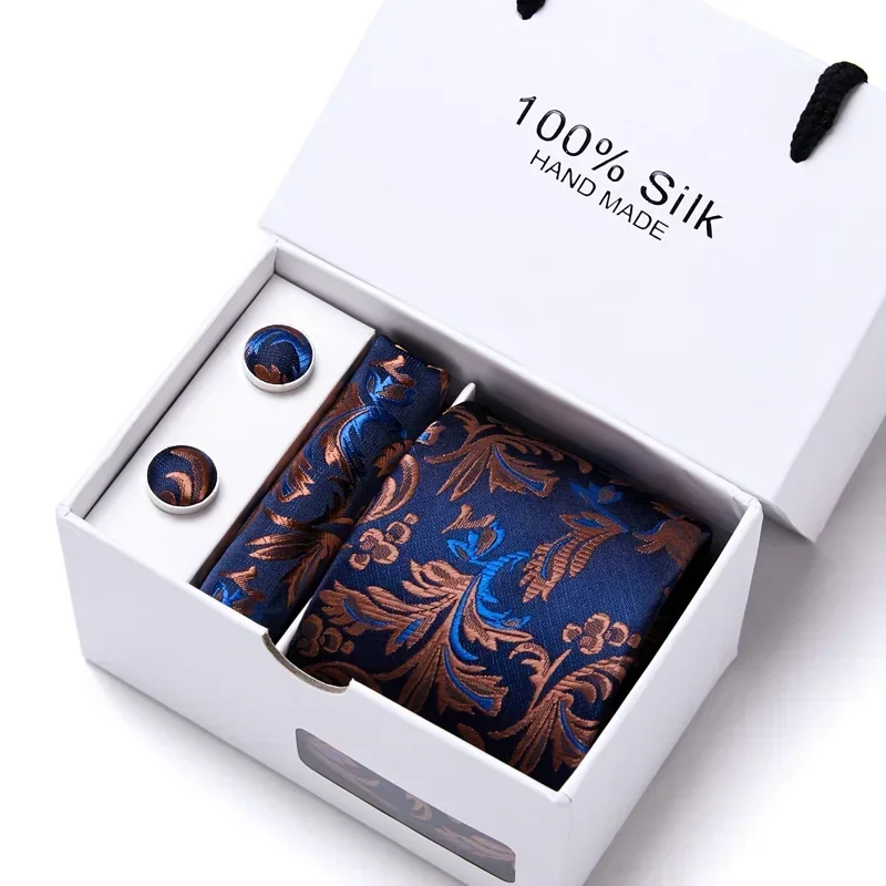 

Brand 100% Silk Ties Gift box Office Men Classic Party Wedding striped 7.5cm Silk Wedding Floral Tie Necktie Handkerchief Set