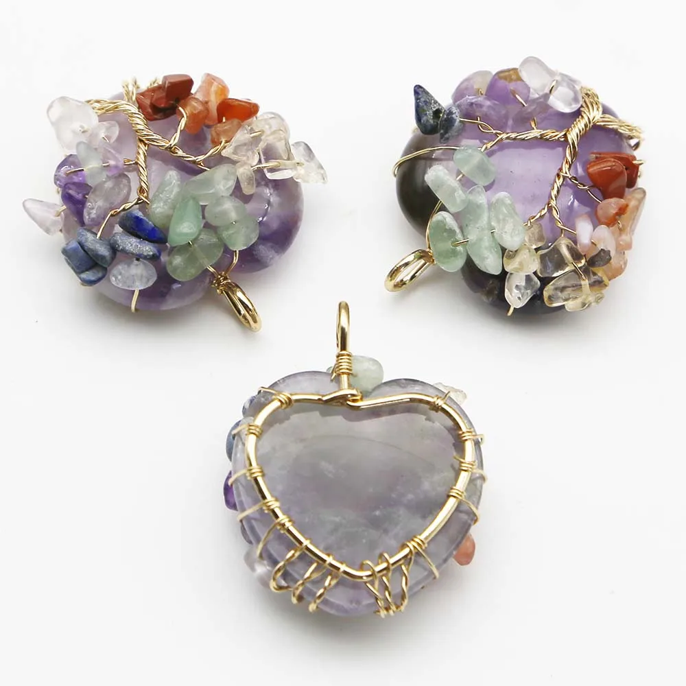 Natural Stone Heart Colorful Fortune Life Tree Pendants Amethyst Rose Quartz Necklace Charms Fashion Jewelry Gift Wholesale 4Pcs