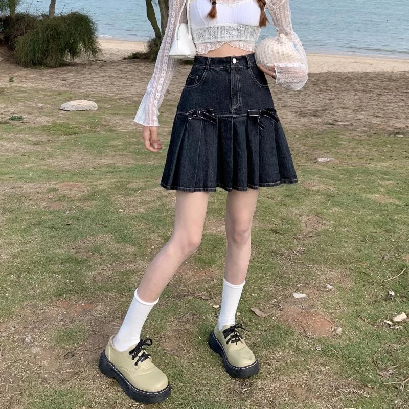 pleated skirt Jeans Bow Pleated High Waist New Vintage Casual Sweet Ruched Denim Korean Students Female A-line Mini Summer Women Skirts white pleated skirt