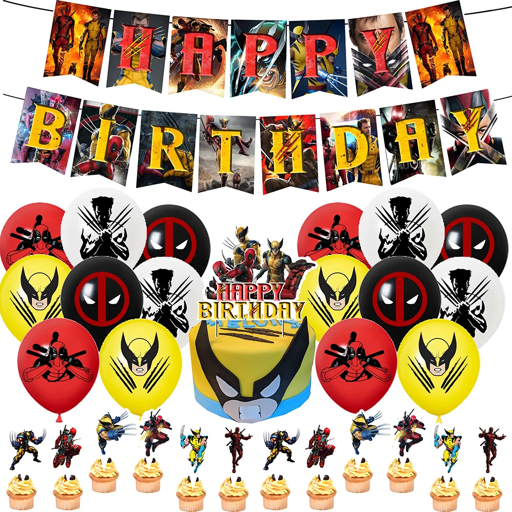 thumbnail image 1 of Deadpool y Wolverine decoración de fiesta de cumpleaños globo vajilla Banner telón de fondo pastel Topper suministros de cumpleaños Baby Shower, 1 of 4
