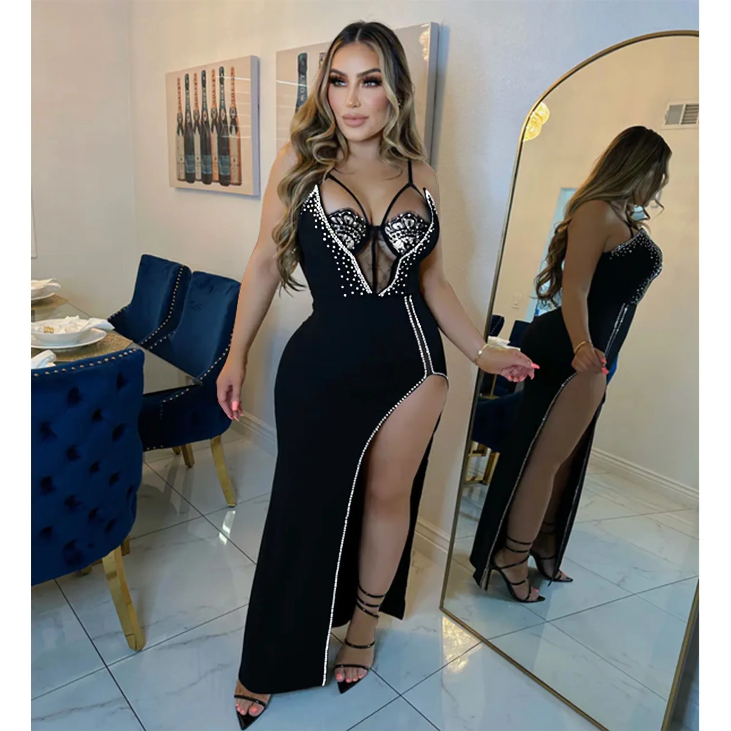

Cutubly Women Sparkly Rhinestone Dress Sexy Sleeveless Split Cocktail Dresses Bodycon Spaghetti Strap Long Evening Dress Party