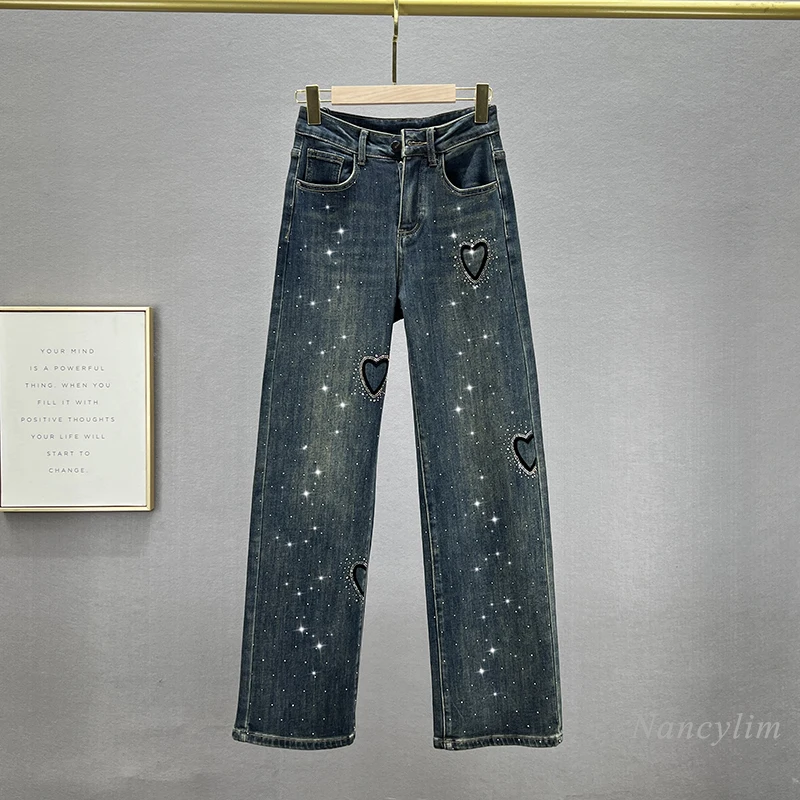 

Loose Wide-Leg Jeans Women's Fleece Warm Blue Jeans Winter New Stretchy High Waist Slimming Hot Drilling Lengthened Trousers
