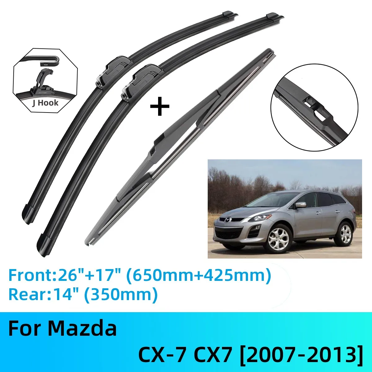 

For Mazda CX-7 CX7 Front Rear Wiper Blades Brushes Cutter Accessories J U Hook 2007-2013 2007 2008 2009 2010 2011 2012 2013