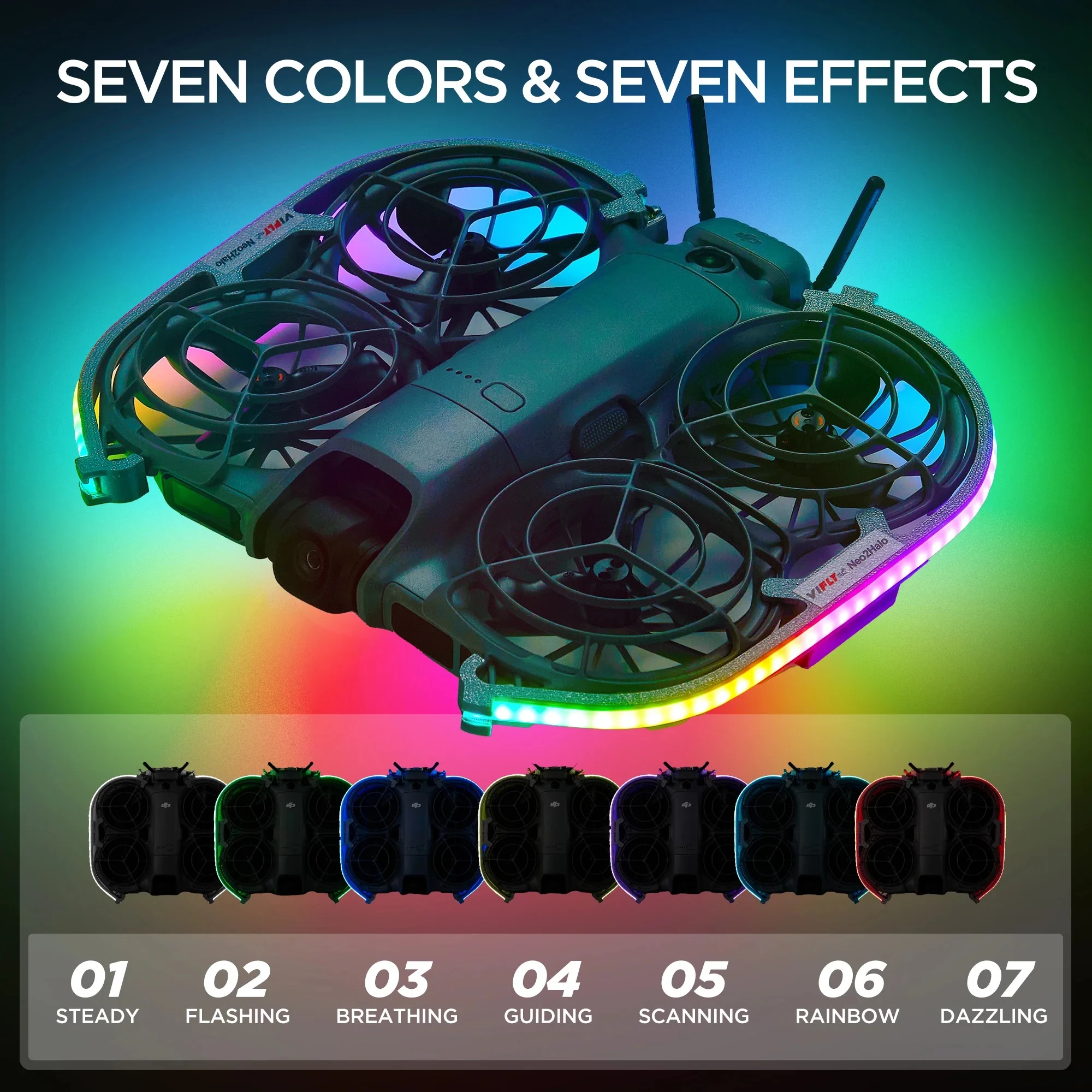 VIFLY Neo2Halo fixé sous un drone DJI Neo 2, éclairant en violet dans l'obscurité.
