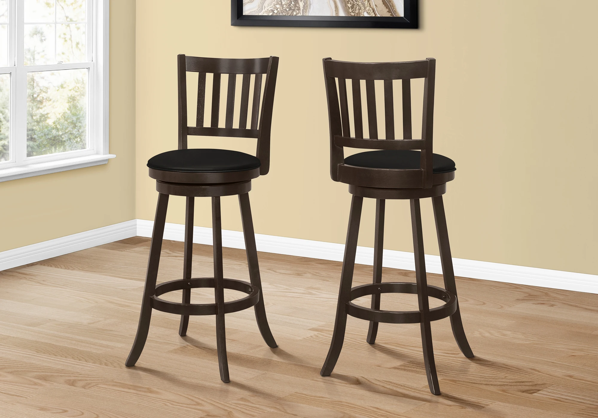 Bar Stool, Set Of 2, Swivel, Bar Height, Brown Wood, Black Leather Look, Transitional 4