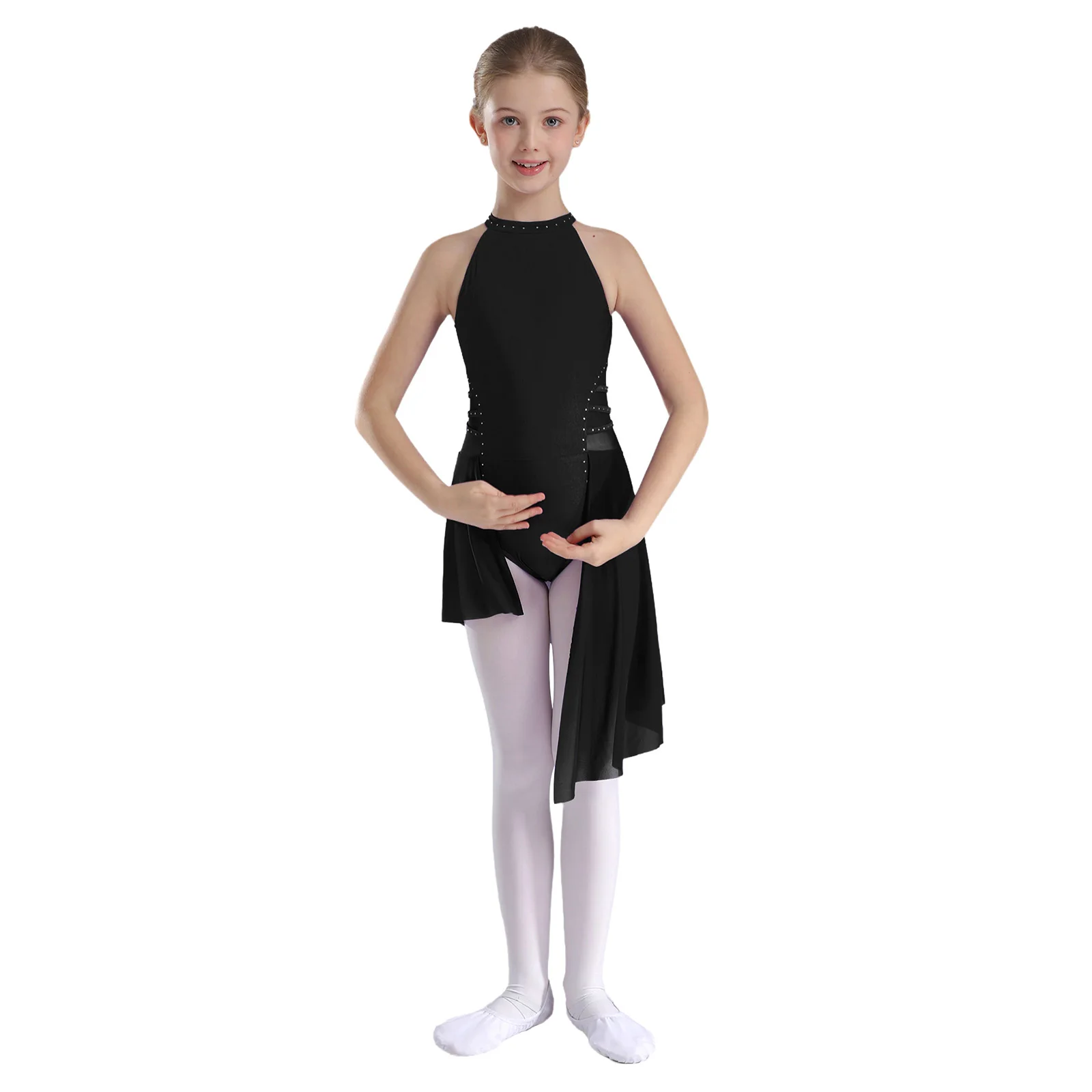 TiaoBug Kids Girls Sleeveless Lyrical Dance Skirted Leotard Keyhole Back Bodysuit for Figure Skating Gymnastics Performance