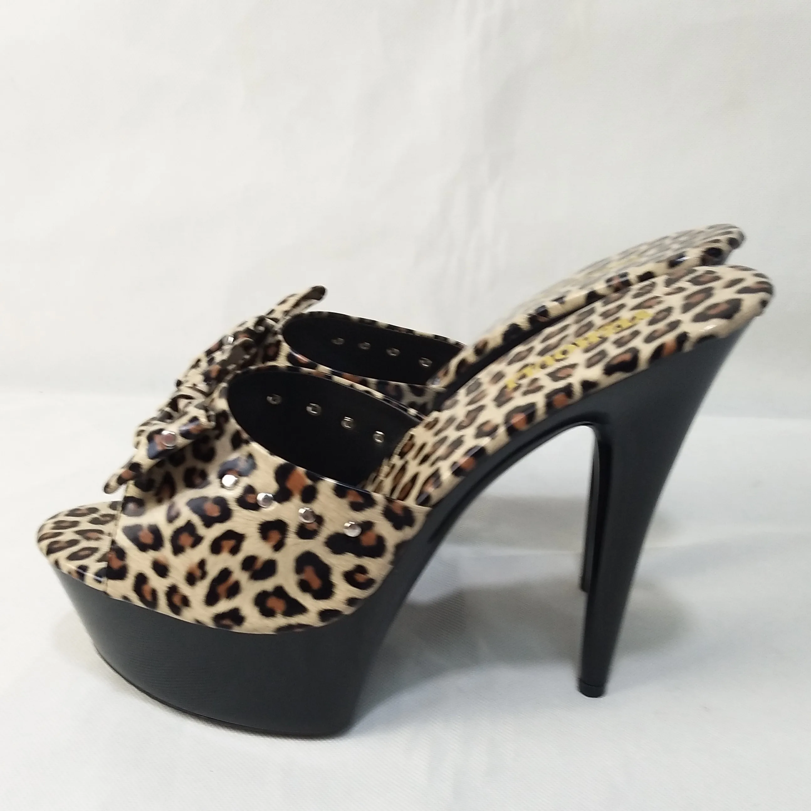 15cm high heels, bowknot decoration, banquet slippers on stage, leopard print PU materials, sexy dance shoes