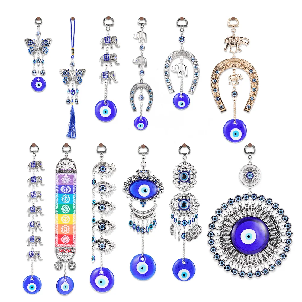 Turkish Blue Glass Eye Amulet Horseshoe With Elephant Ribbon Ethnic Wall Hanging Lucky Pendants Wind Chimes Home Car Decoration wind chimes wall art decor wall hanging pendant crystal wall hanging glass pendant ornament charm decoration