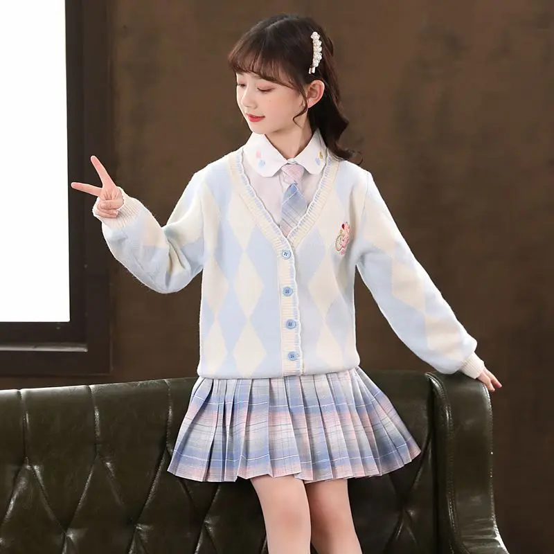 

2023 Spring and Autumn Girls' Clothing Kids College Style Foreign style Girls jk Plaid Skirt 3-piece Girl's sweater School Suit