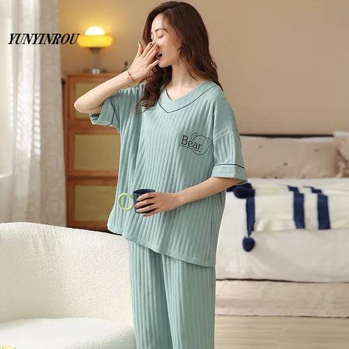 CAPRIS 여성용 꽃무늬 터키석 파자마 세트, 면 니트, 우아한 잠옷, 잠옷, 집 크기 5XL, 여름 3