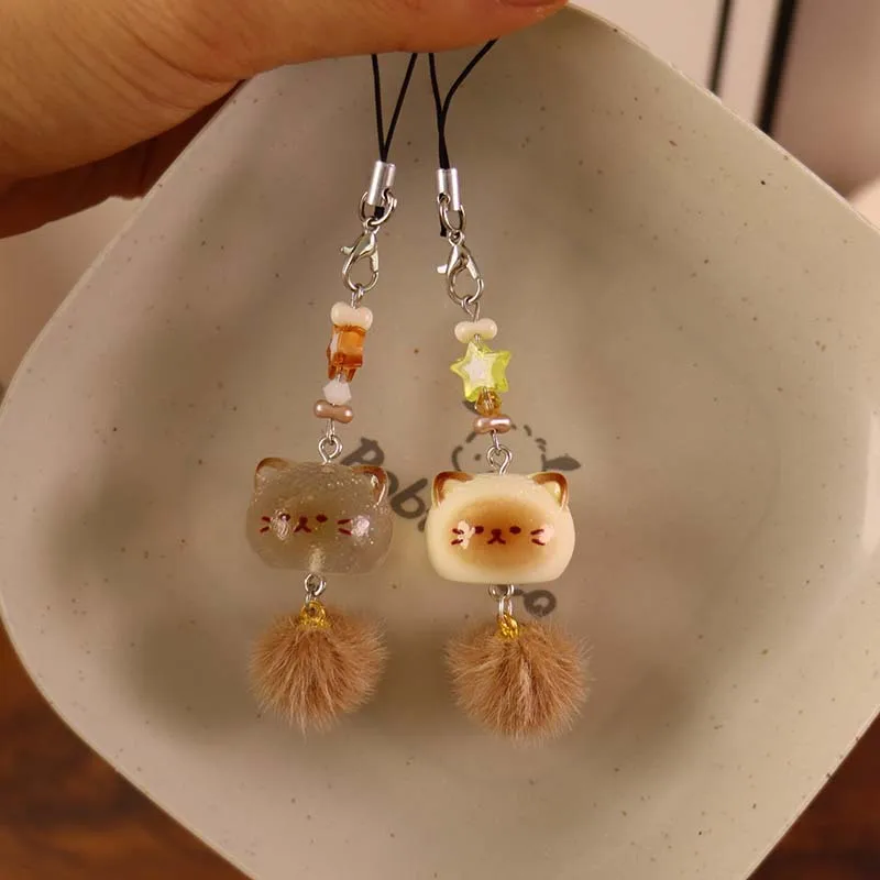 Adorable 3D Kitten Phone Charm with Fluffy Pompom Tail - Creative Cartoon Keychain Pendant