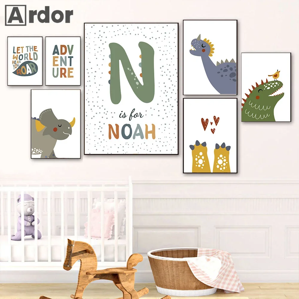 

Cartoon Dinosaur Baby Custom Name Nursery Dino Wall Art Canvas Painting Posters and Prints Wall Pictures Kids Room Decor