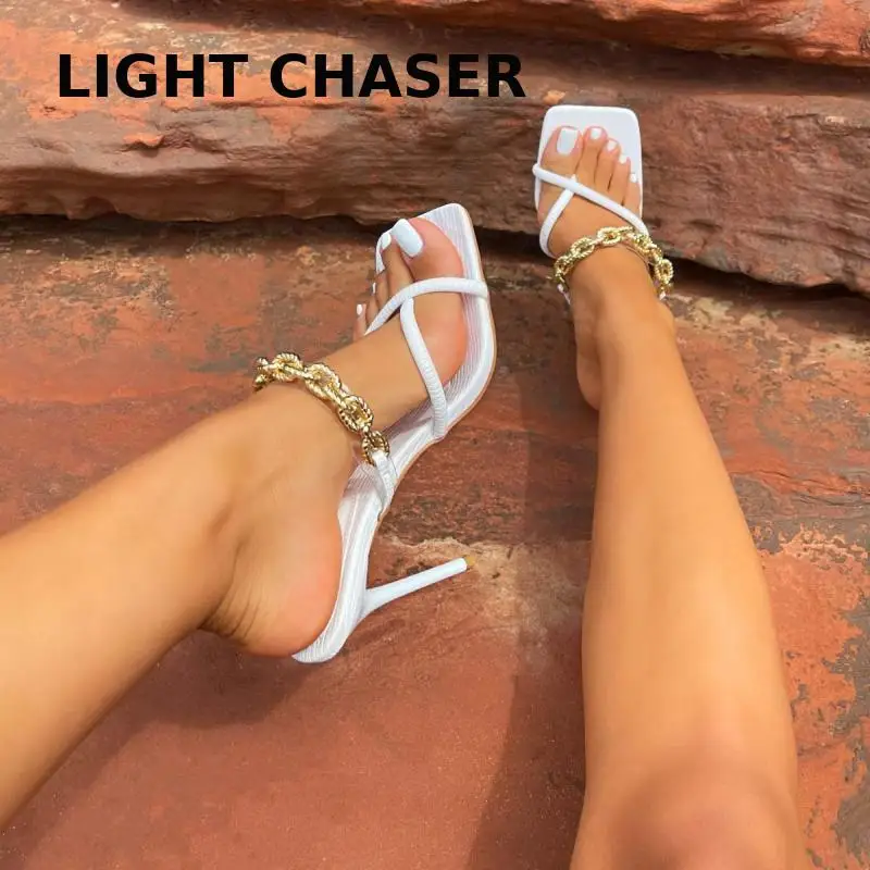 

2022 Summer Sexy Square High Heels Mules Women Slippers Stiletto Slides Casual Slippers Metal Chain Flip Flops Shoes Size 35-42