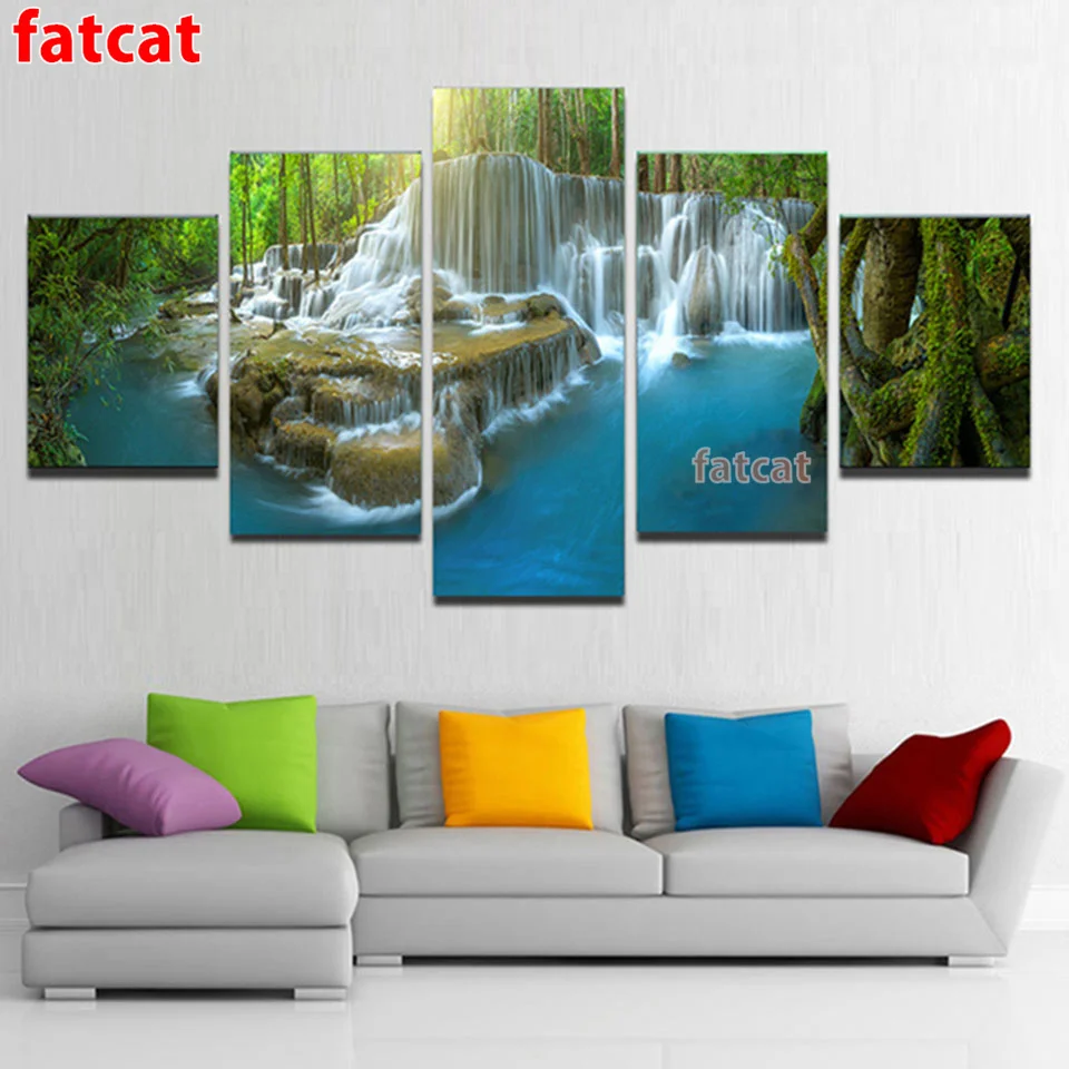 

Diamond Painted Cross Stitch 5piece Landscape Natural Waterfall Green Tree Lake Leaf Diamond Embroidery Wall Art Decor WE175