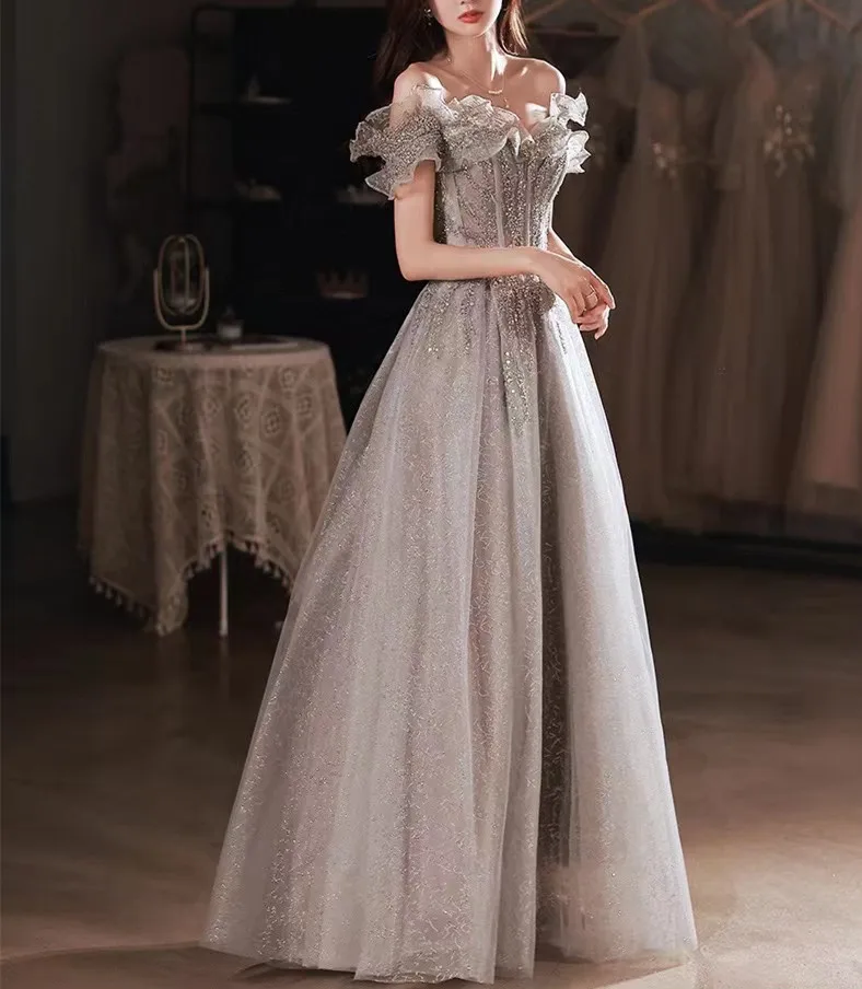 Elegant Evening Dresses Strapless A-Line Off The Shoulder Sequin Beaded Bandage Shiny Slim Backless Floor-Length Celebrity Gowns