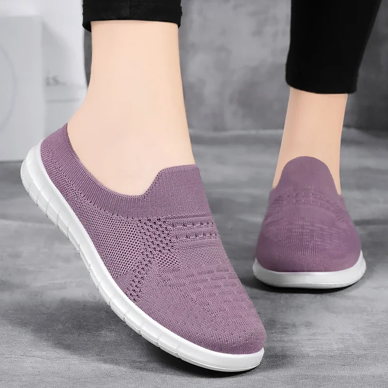 

Женские спортивные туфли, новинка весны 2024, Модные дышащие вязаные повседневные полутапочки с закрытым носком, ленивые туфли в классическом стиле