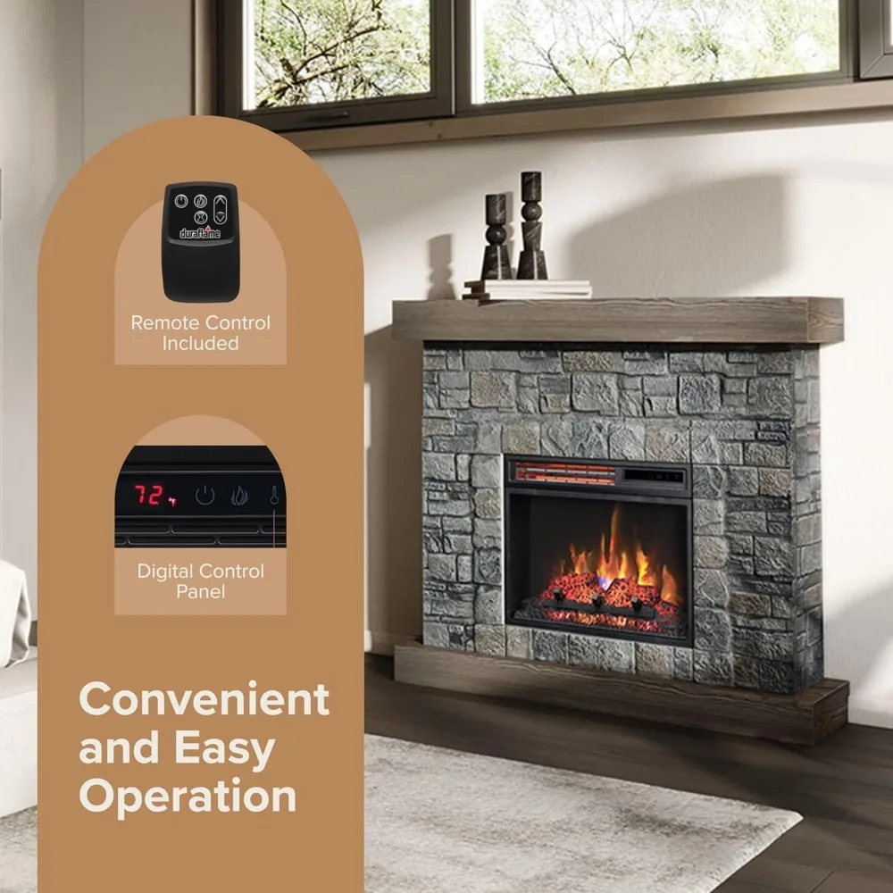 Raeford 40 Inch Wood Fireplace Mantel with Stone Brick Surround and 18" Electric Fireplace Insert | 40" L X 40" H X 11.5" D 3