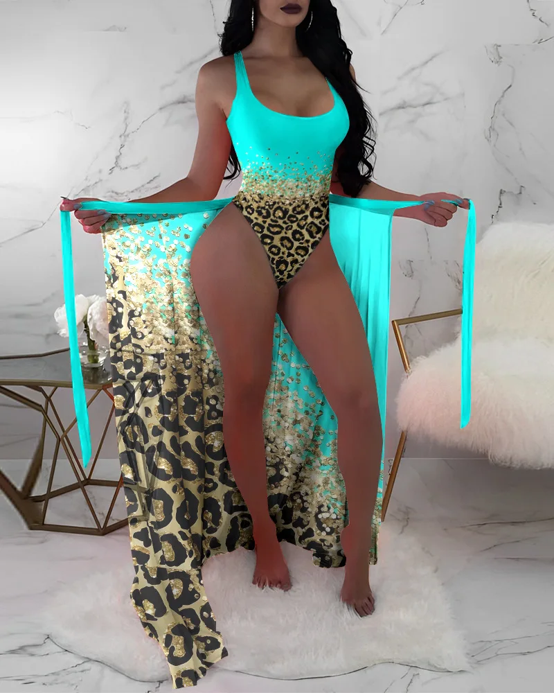 New Women's Bikini Hot Springs Swimwear Women's Three Piece Set Mesh Mask Shirt Contrast Printed Bikini
