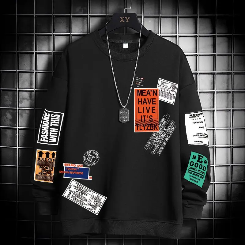 Men T-shirt Long Sleeve Autumn and Winter 2023 New Teen Trend Ins Loose Large Size Fleece-Lined Crew Neck Sweater Fashion