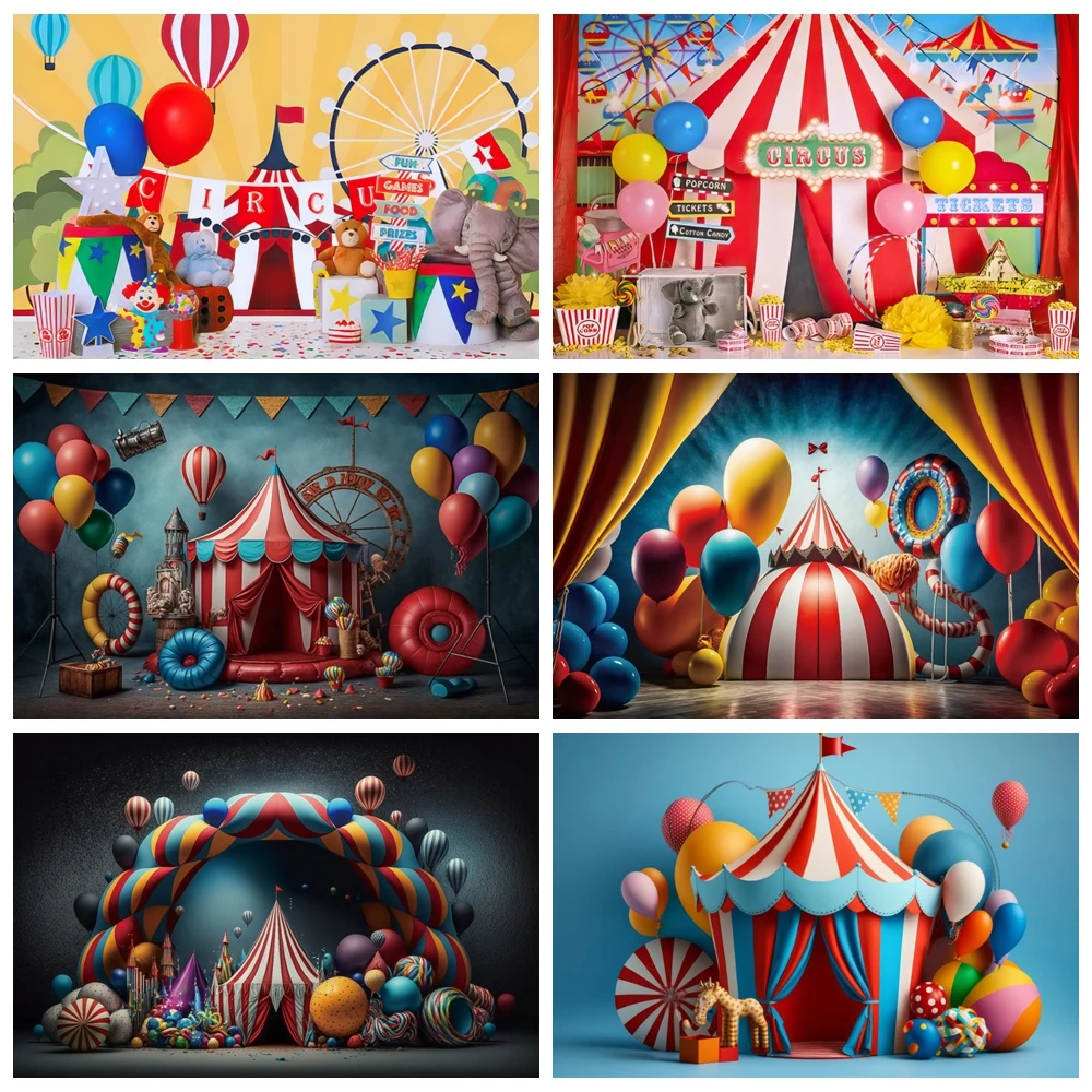 

Carnival Circus Baby 1st Birthday Party Backdrop Photography Baby Shower Colorful Balloon Amusement Park Background Photo Studio