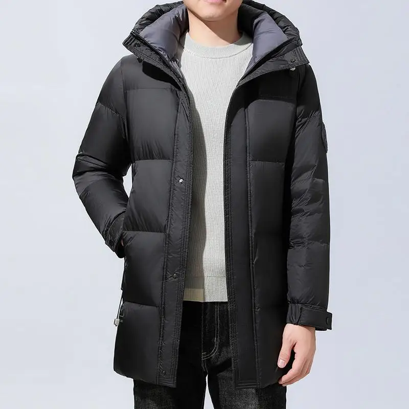 Casual Men's Winter Mid-Length Hooded 90% White Duck Down Jackets Outwear Windproof Warm Black Long Puffer Coat Thick Top Parkas