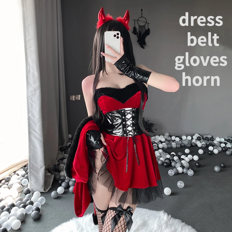 

Sexy Evil Costumes Women 2023 Halloween Anime Cosplay Lolita Red Dress Headwear Party Rave Outfit Adult Dress Up Suit Nightclub