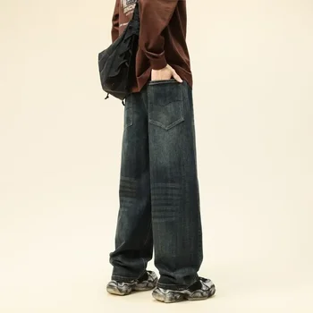 2024 Autumn Winter New Style Loose Fit Straight Leg Jeans Men Vintage Trendy Youth Fashion Denim Pants Wide Cut Casual Wear 1
