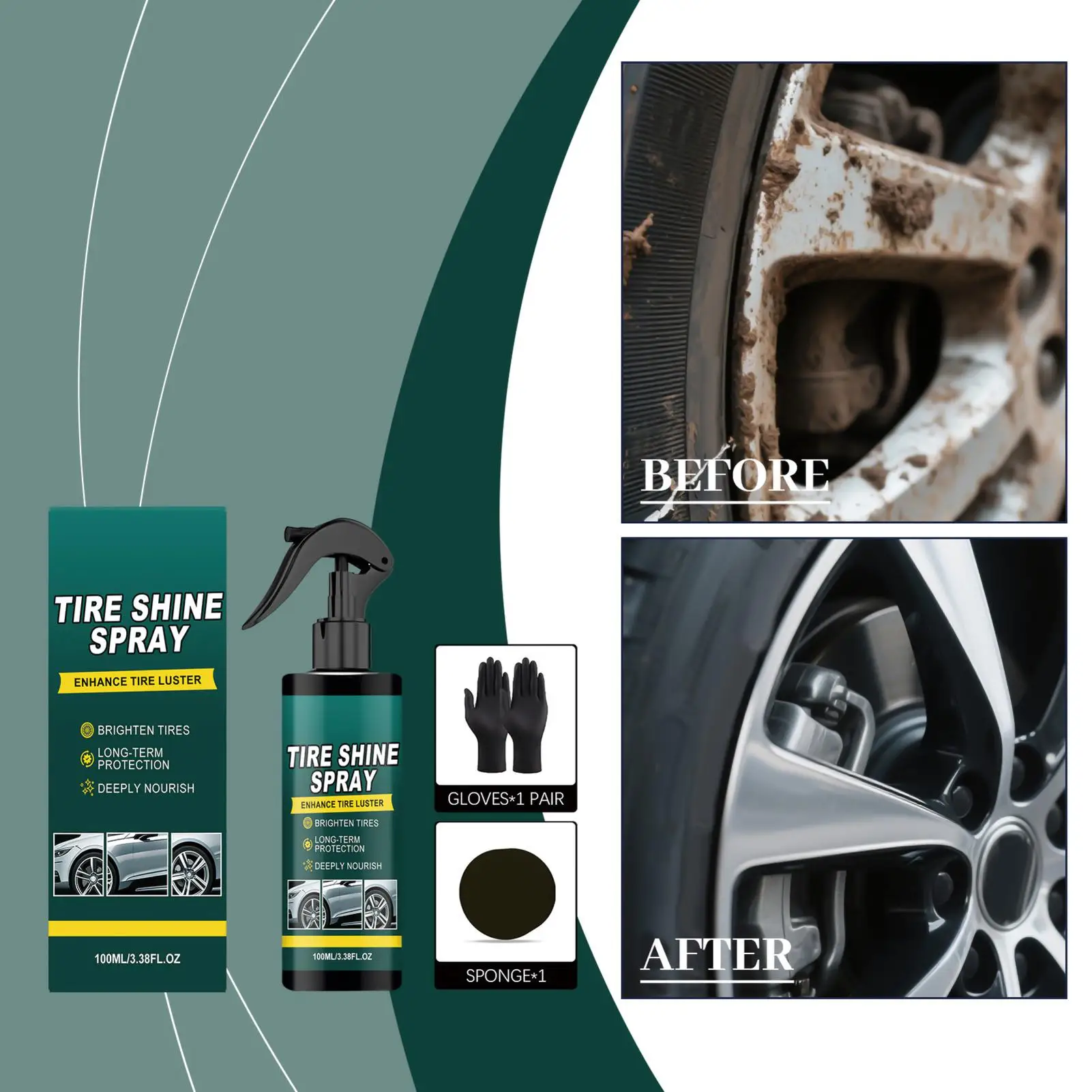 SUV 타이어 광택 스프레이 100ml (스펀지 장갑 포함) 장시간 지속되는 자동차 타이어 광택제 (세단, 트럭, RV, 오토바이, 스쿠터, ATV용)