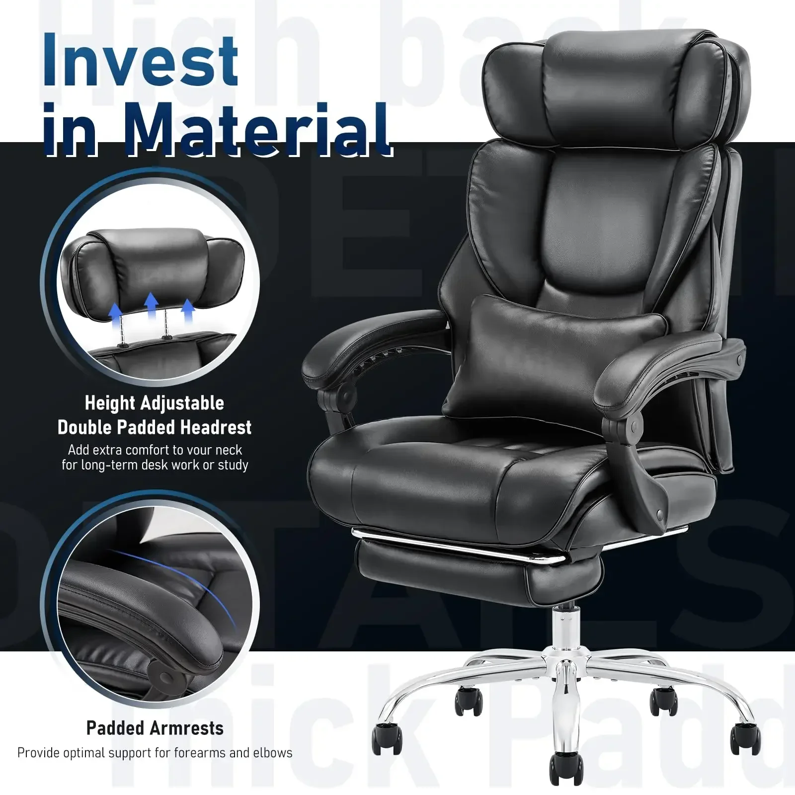 

Офисный стул с подставкой для ног, эргономичный компьютерный стул с дополнительной подушкой для поддержки поясницы, офисный стул с высокой спинкой, толстый стул Bonde