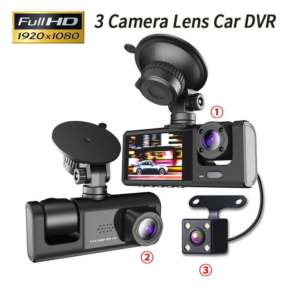 Camera  DVR para carro HD 1080p, 3-Lens dentro, filmadora, câmera de 3 vias, gravador de DVRs, Video Registrator, Dashcam Camcorder