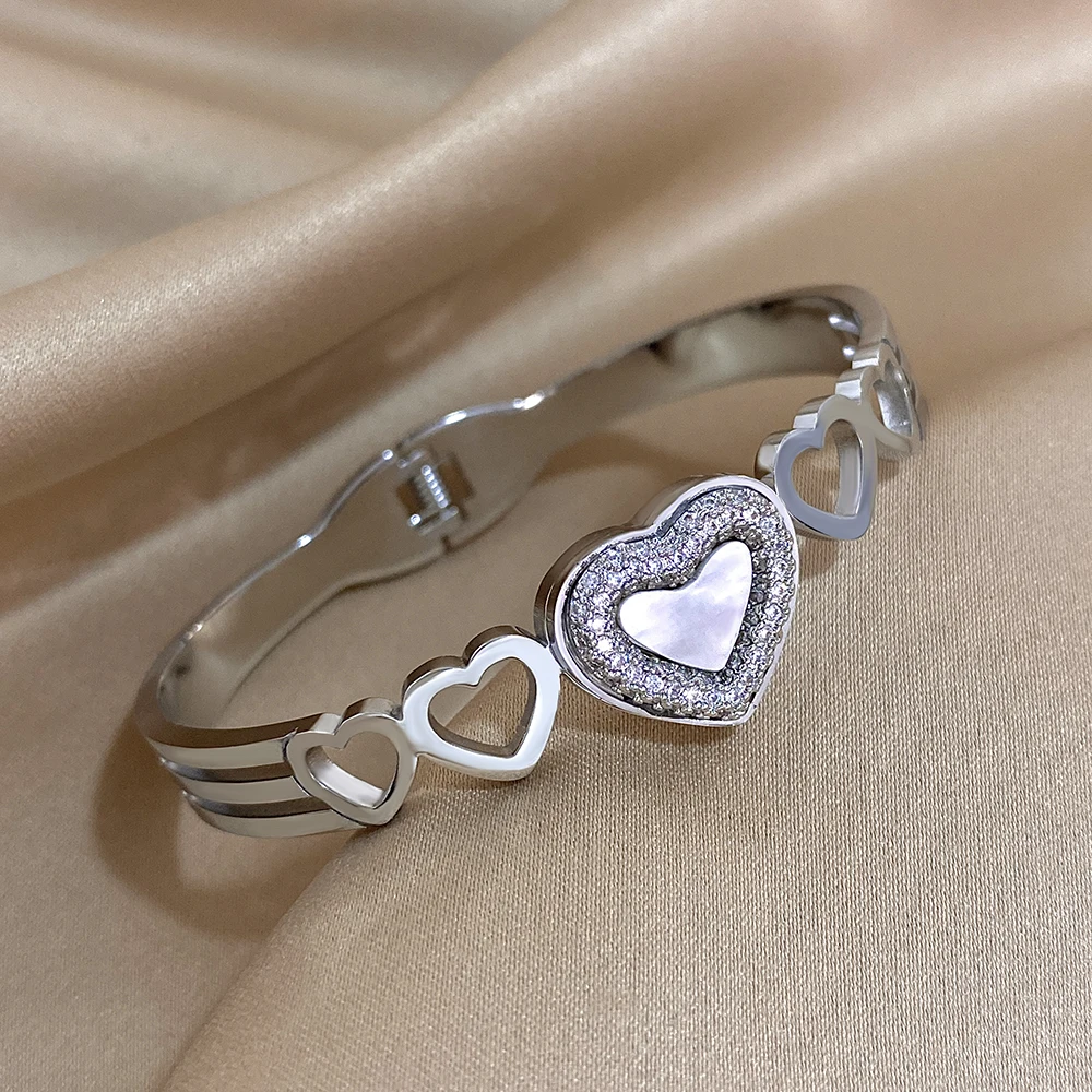 Luxury Rhinestones Heart Bangle Stainless Steel Cuff Stackable Bangle Bracelets with White Shell Valentine's Day Jewelry Gifts 3
