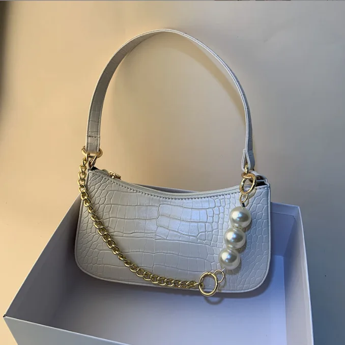 Mini Crocodile Pattern Bead Shoulder Bag, French Vintage Shoulder Bag Women\'s Fashion Handbag & Purse