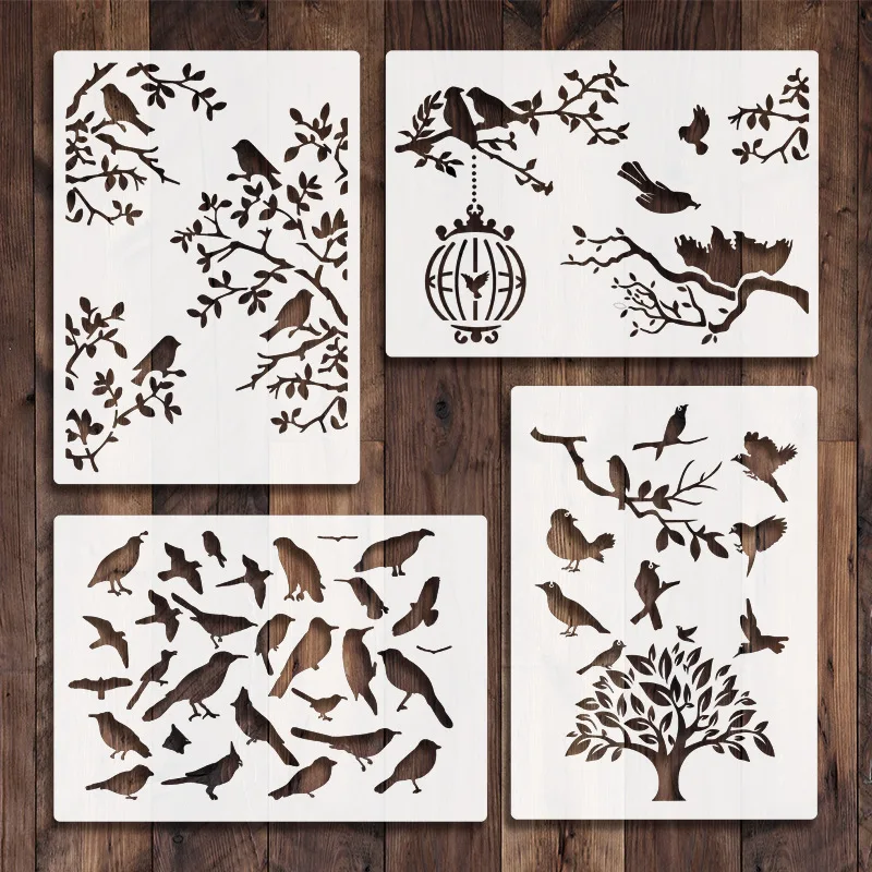 

4Pcs/Lot A4 Birds Tree Leaves DIY Layering Stencils Wall Painting Scrapbook Coloring Embossing Album Decorative Template