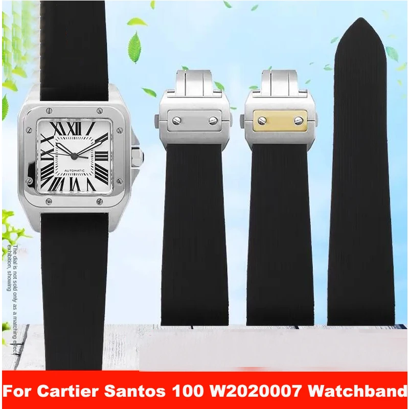 Per Cartier Santos 100 W2020007 Cinturino Per Orologio In Gomma Impermeabile 25Mm Cinturino Con Fibbia Per Orologio In Acciaio Inossidabile In Silicon