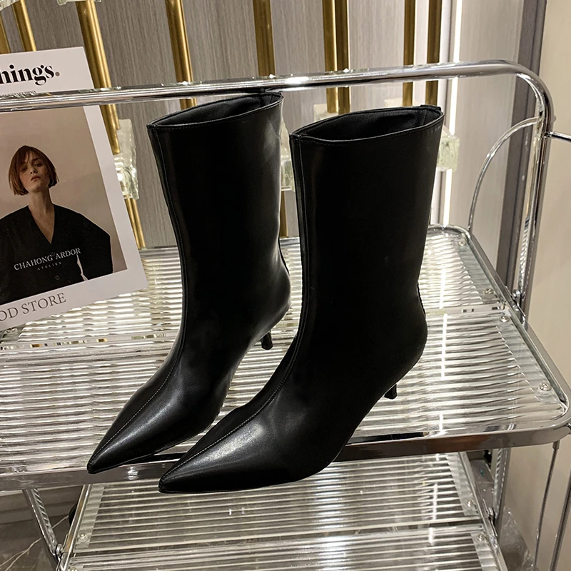 Aphixta 5.5cm Med Heel Patent Leather Women Modern Boots Black Solid Color Concise Dress Shoes Pointed Toe Ankle Boots