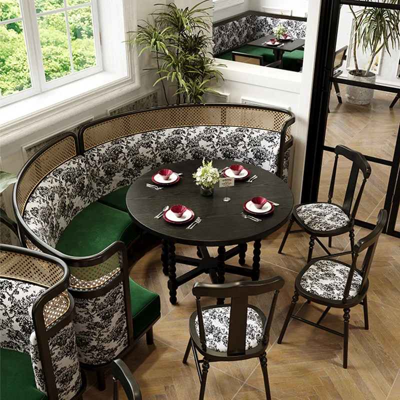 Retro Solid Wood Round Table Combination Western Restaurant Commercial Hotel Table and Chair Booth Sofa