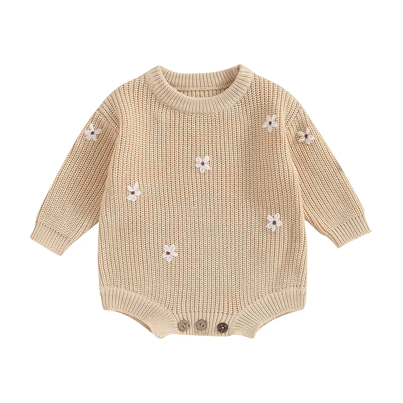 

Bmnmsl Baby Boys Girls Sweater Rompers Flower Embroidery Crew Neck Long Sleeve Infant Jumpsuits Toddler Clothes Knit Bodysuits