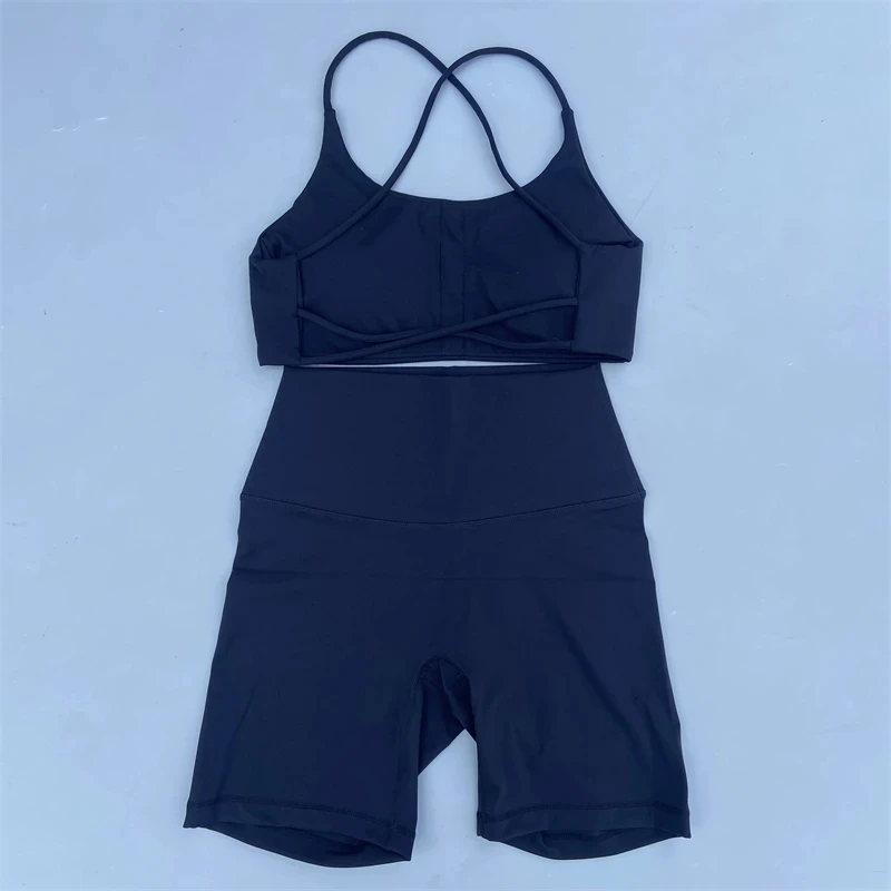 Solid Color Soft Gym Yoga Set Short Legging +Cross Back Sport Bra Tracksuit Women Gym Suit Comprehensive Training Jog Athletic 4