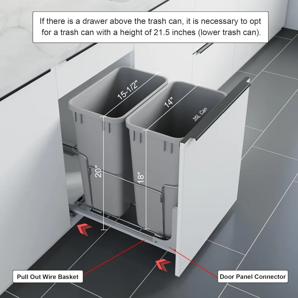 Bottom Mount Pull-Out Waste Container With Door Mounting Kit - Pull-Out Wire Basket-Grey 2 Waste Can-for 18" Frameles 4