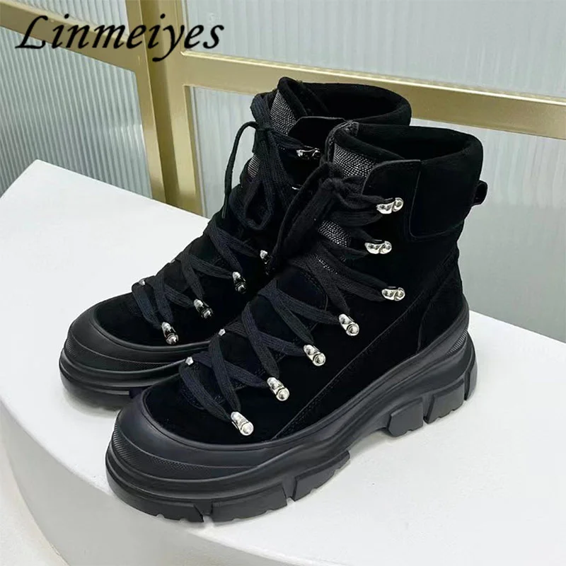 

Luxury Cow Suede Ankle Boots For Women Lace Up Round Toe Flat Platform Shoes Women String Bead Thick Sole Short Boots Woman
