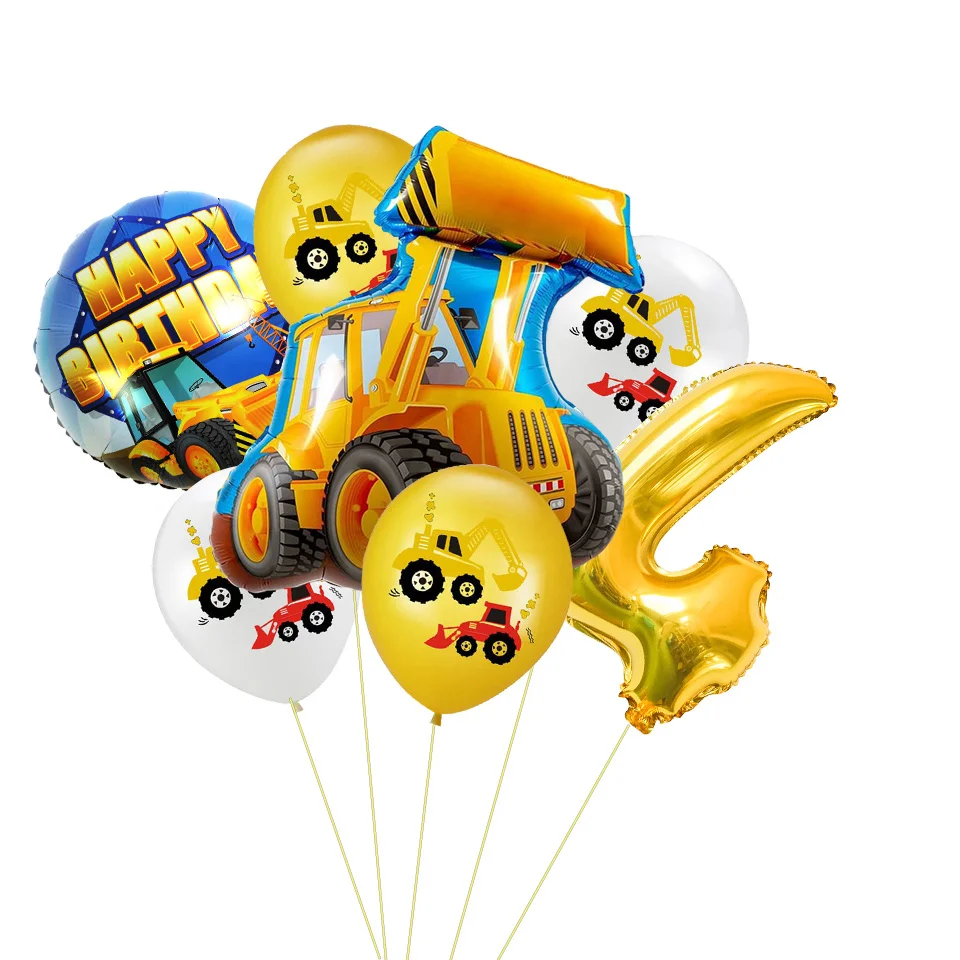 1set Construction Bulldozer Series Disposable Tableware Paper Cups Plates Truck Balloons For Boy's Birthday DIY Party Decoration 