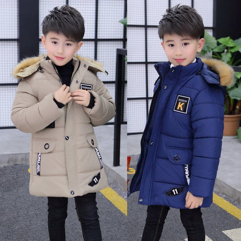 

4 6 8 10 12 14 Years Big Boys Jacket Autumn Winter Plus Velvet Warm Teen Kids Jackets Fashion Mid-Length Zipper Hooded Boys Coat