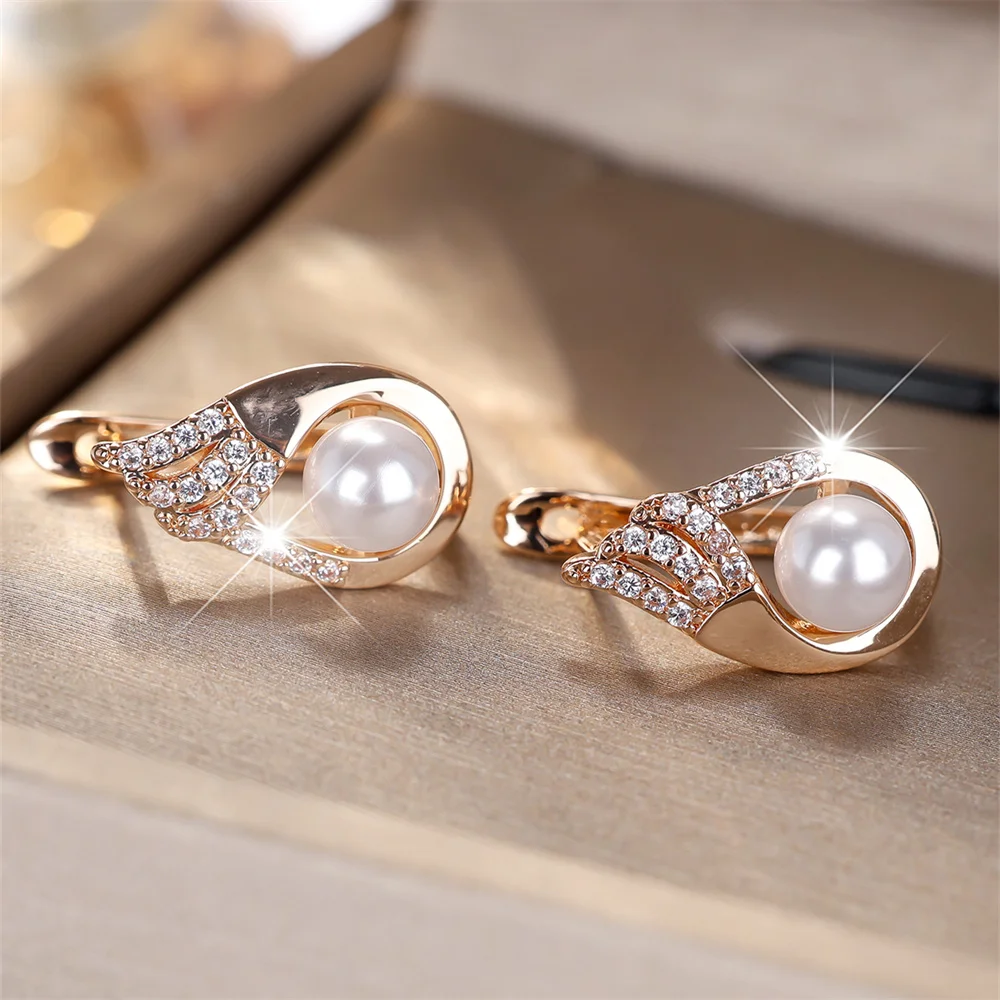 Round Simulated Pearl White Zircon Hoop Earrings For Women Vintage Gold Silver Color Ear Buckle Wedding Jewelry Versatile Gifts