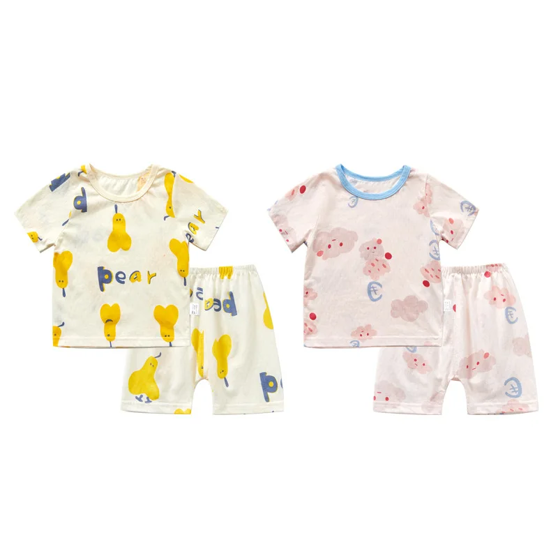 Children Pajamas Baby Boys Girls Cartoon Printed Sleep Set Summer Short Sleeve Cotton Pullover Sleepwear Toddler Nightwear