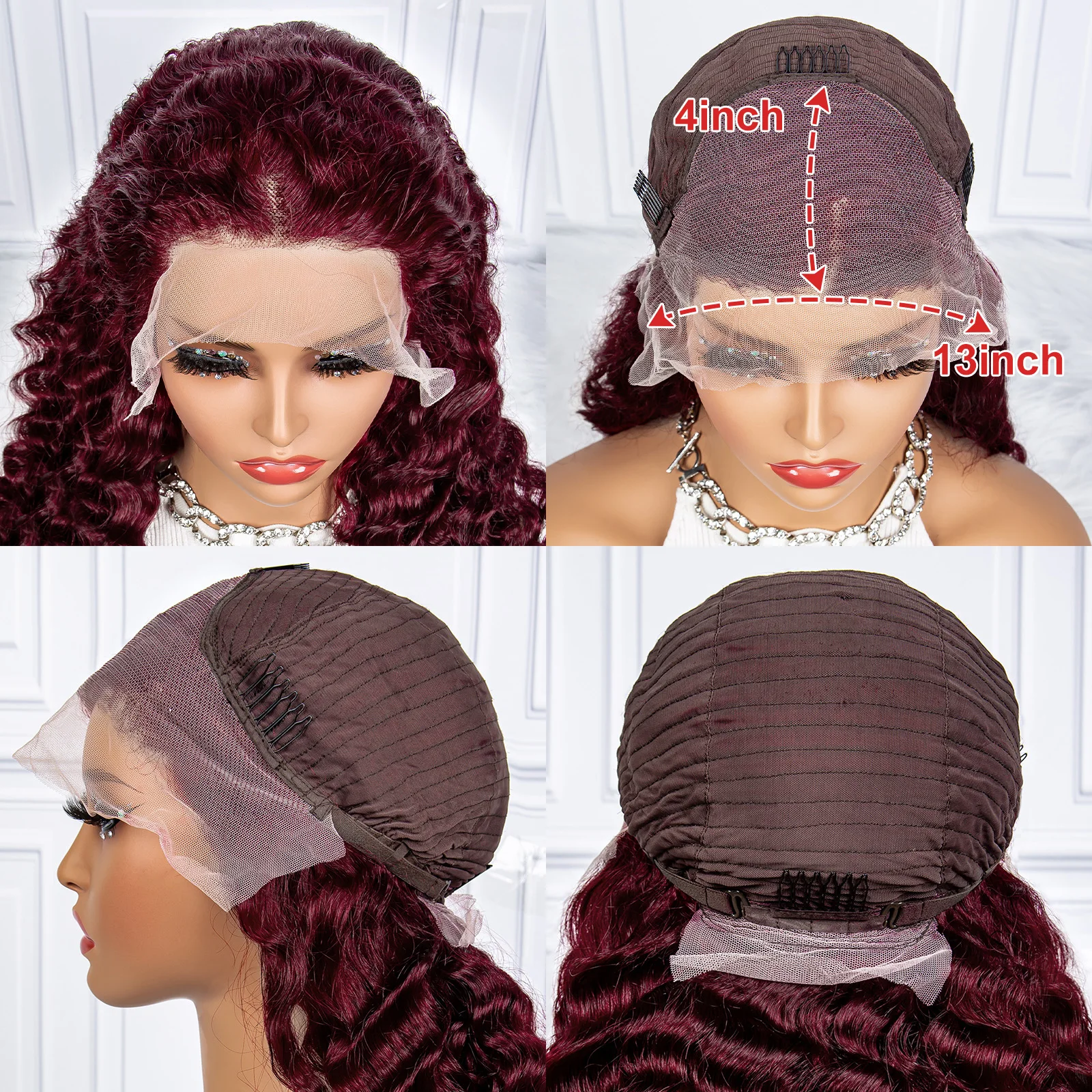 250% Density Deep Wave Wavy Human Hair Wigs 99J Color 13x4 Transparent Lace Frontal Brazilian Hair Wig for Black Women