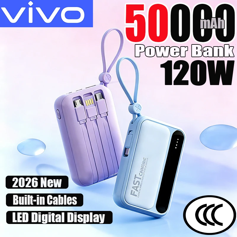 VIVO 50000mAh Mini Power Bank Super Fast Charging Câbles Intégrés avec Affichage Numérique LED Powerbank pour iPhone Huawei 2026 Nouveau