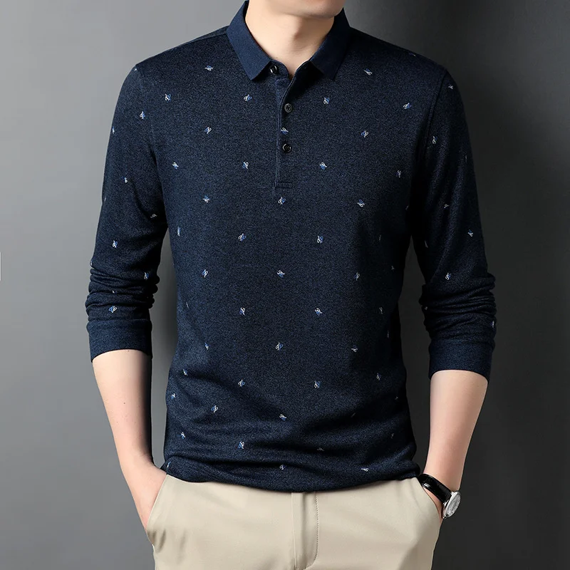 

Men's Slim-fit Cotton Polo Shirt Full Sleeve With Fashion Printed Collar Tshirt For Golf Casual Polos Dress Warm Knit Clothes