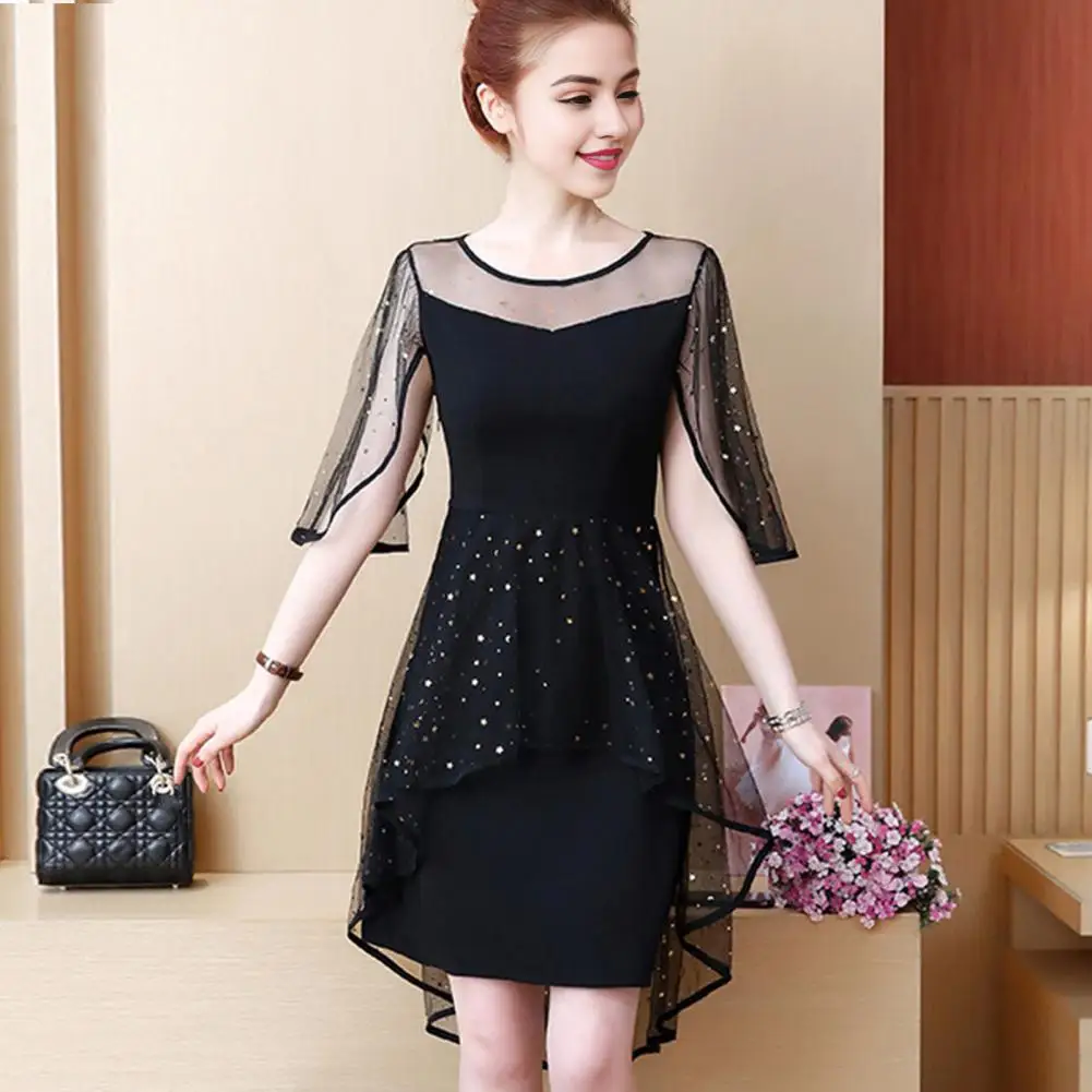 

Women Evening Dress Star Sequin Double-layered Ruffle Short Sleeves Dating Dress Mesh Patchwork Irregular O Neck Party Dress