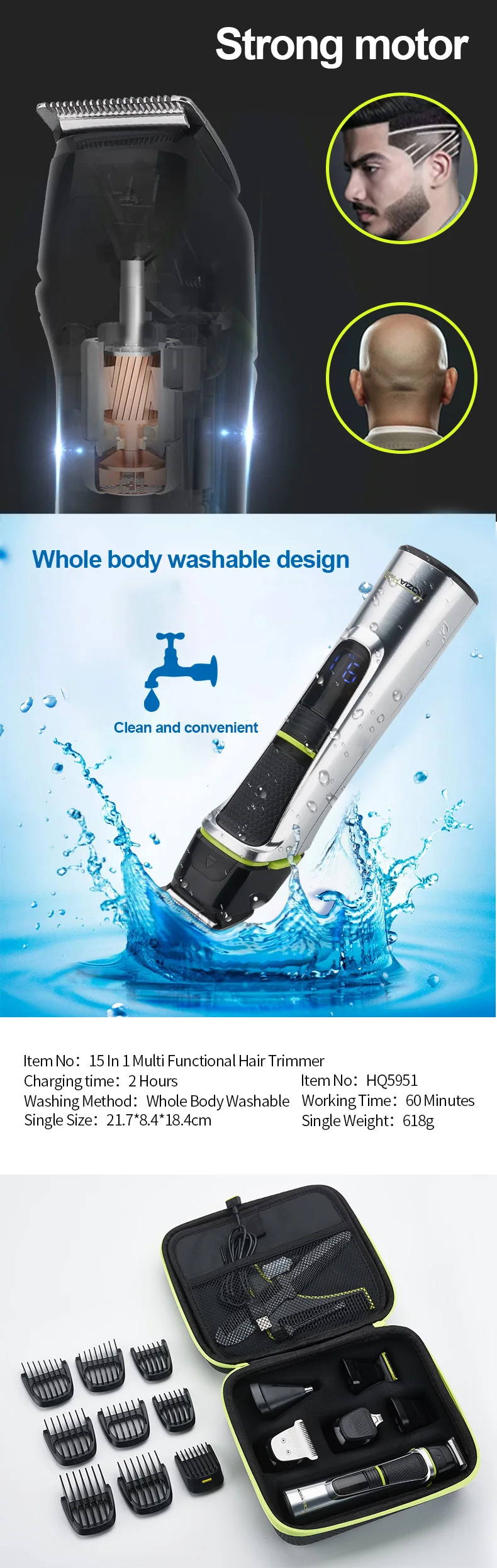 Description Picture 6 of itemHQ5951 Grooming Kit Hair Clipper Professional Beard Shaver for Men All in One Nose Ear Hair Trimmer Set with Travel Carry Bag