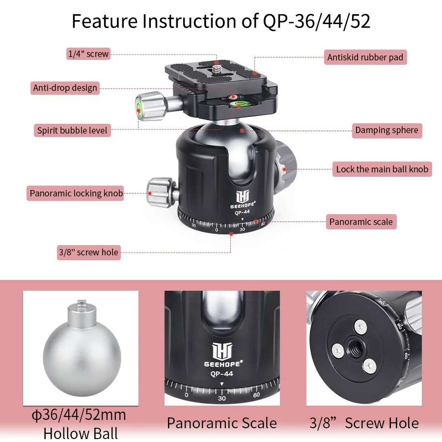QP-36/44/52 Tripod Ballhead of Low Gravity Center 360° Panoramic Metal BallHead